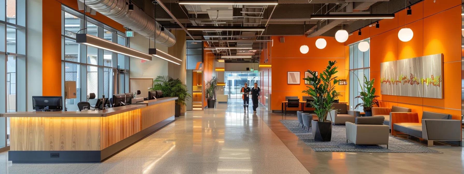 a pristine, modern office reception area showcases a professional cleaning service in action, featuring gleaming surfaces and neatly organized furniture, emphasizing the importance of cleanliness for a productive work environment.