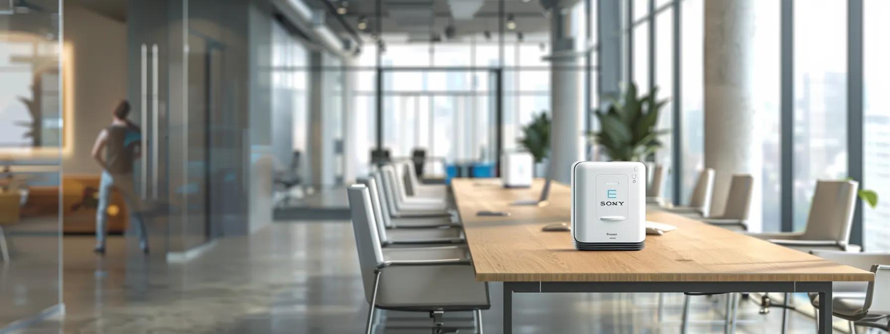 a sleek, modern office space showcases professionals collaborating at a pristine conference table, seamlessly surrounded by integrated cleaning solutions displayed in branded cleaning equipment, emphasizing the efficiency and appeal of comprehensive sanitation services for businesses.