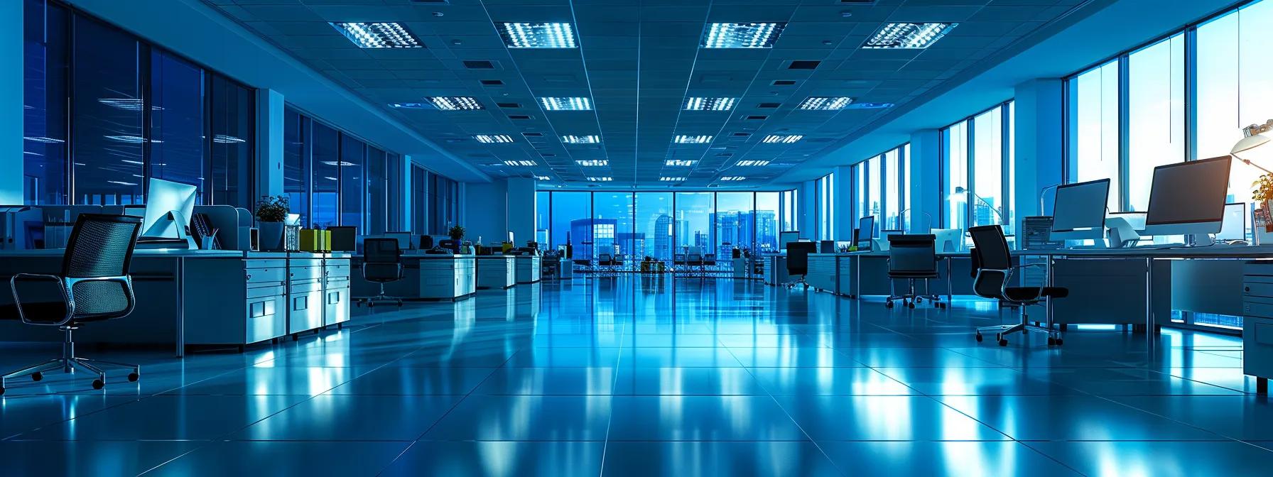 a sleek, modern office space with polished surfaces and organized workstations, illuminated by bright artificial lighting, showcasing a team engaged in a thorough cleaning routine to highlight the importance of maintaining a pristine work environment.