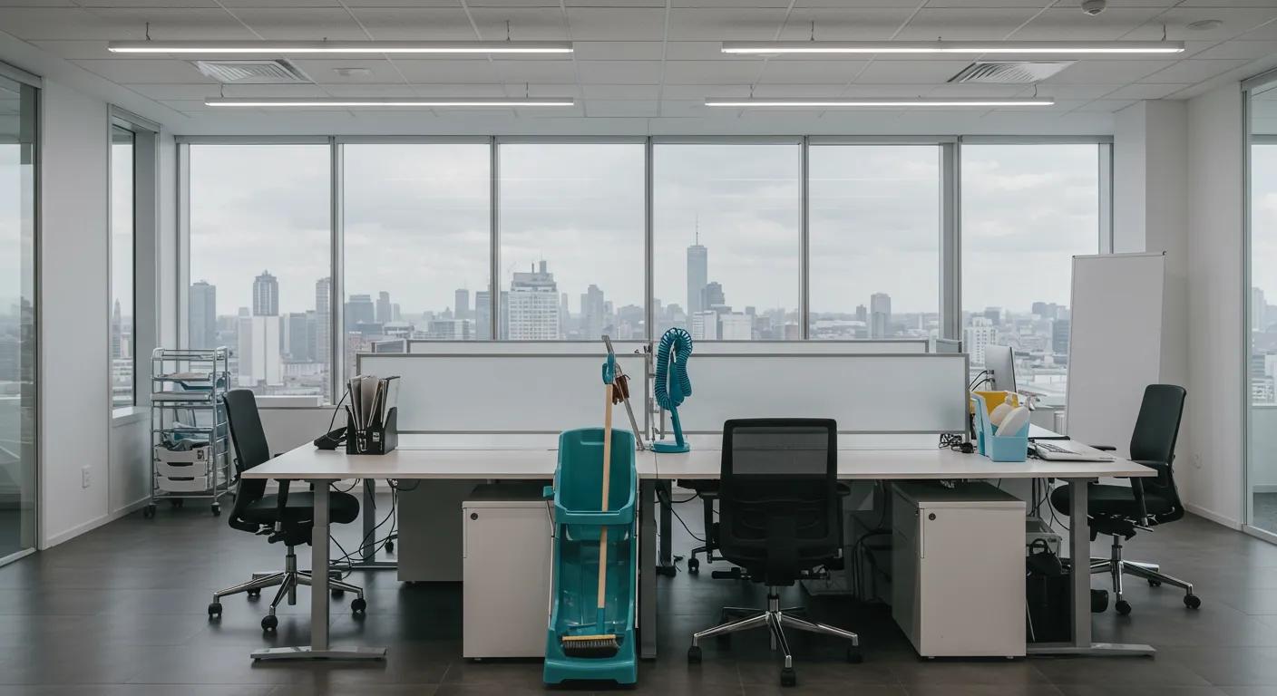 a sleek, modern office space showcases pristine desks, crystal-clear windows, and neatly organized cleaning equipment, reflecting the efficiency and professionalism of a comprehensive office cleaning program.