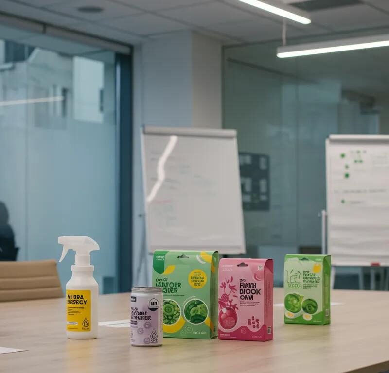 a modern office environment featuring vibrant eco-friendly cleaning solutions artfully arranged on a sleek conference table, illuminated by soft, focused lighting that highlights their innovative packaging.