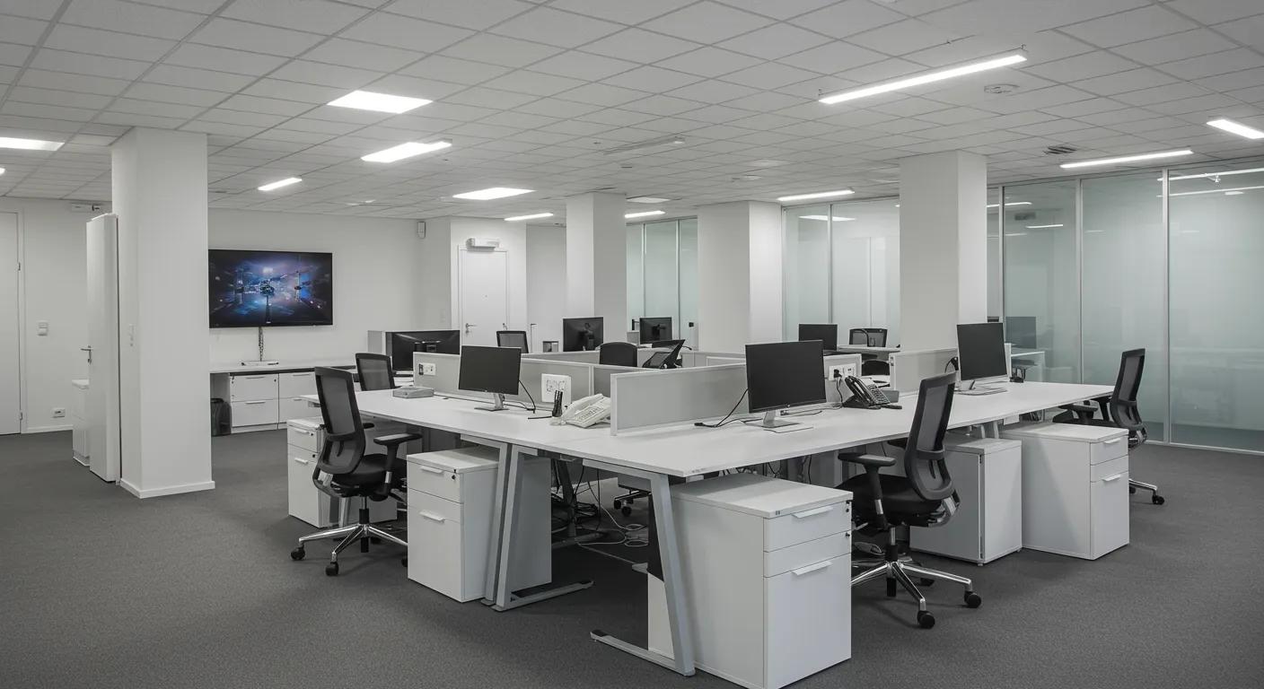 a modern office space gleams with immaculate cleanliness, showcasing sleek desks, polished floors, and orderly workstations that highlight the importance of choosing a reliable professional cleaning solutions provider.