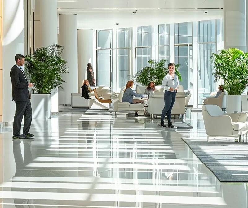 a sleek, modern office space showcases professionals engaging in a discussion, surrounded by pristine surfaces and high-tech cleaning equipment, highlighting the professionalism and reputation of a top-tier commercial cleaning service.