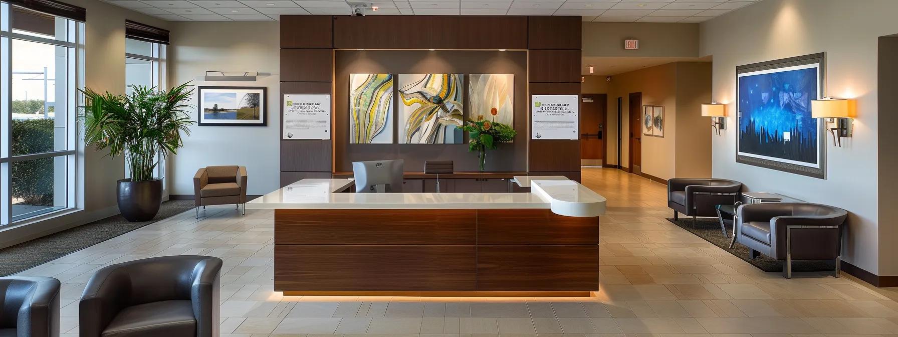 an inviting and modern office reception area showcases a sleek desk adorned with professional cleaning service brochures, while a backdrop of framed positive testimonials highlights the reputation and quality of cleaning companies.