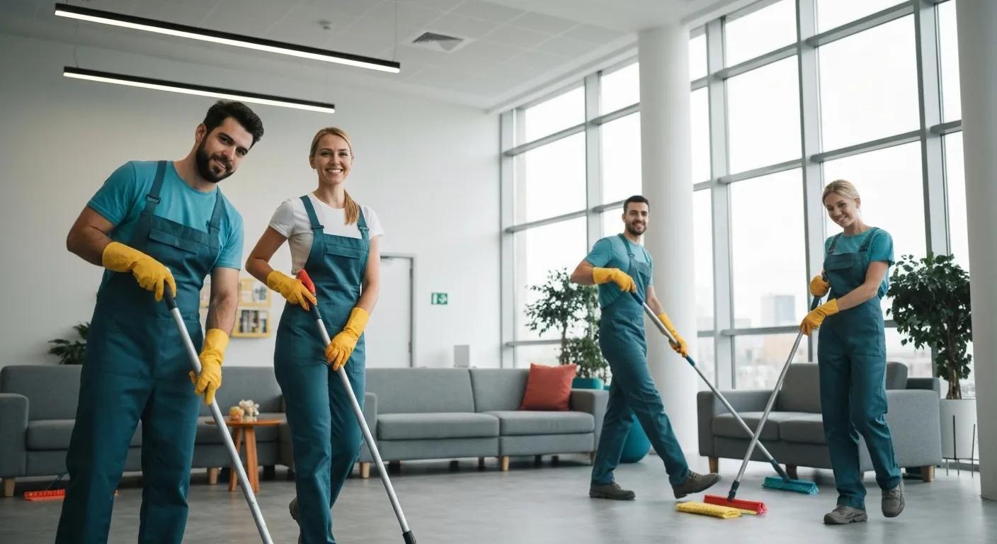 Professional cleaning team using eco-friendly products in a commercial space