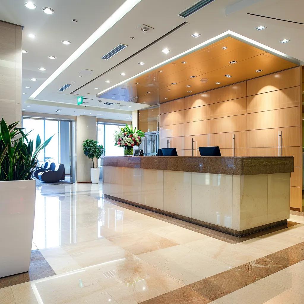 Welcoming reception area of a corporate office emphasizing cleanliness and customer satisfaction
