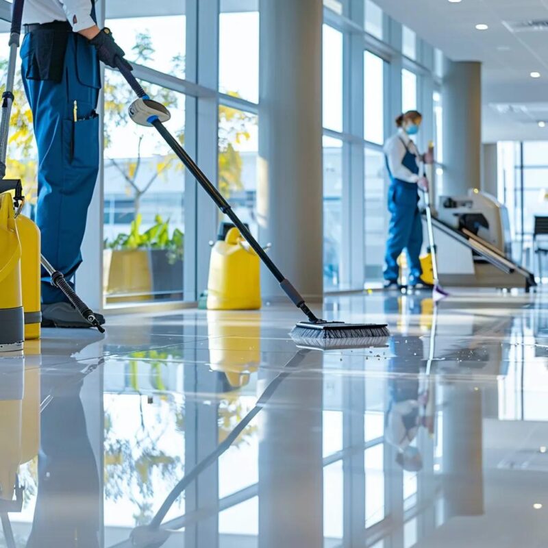 Professional cleaning team maintaining a pristine office environment with modern equipment