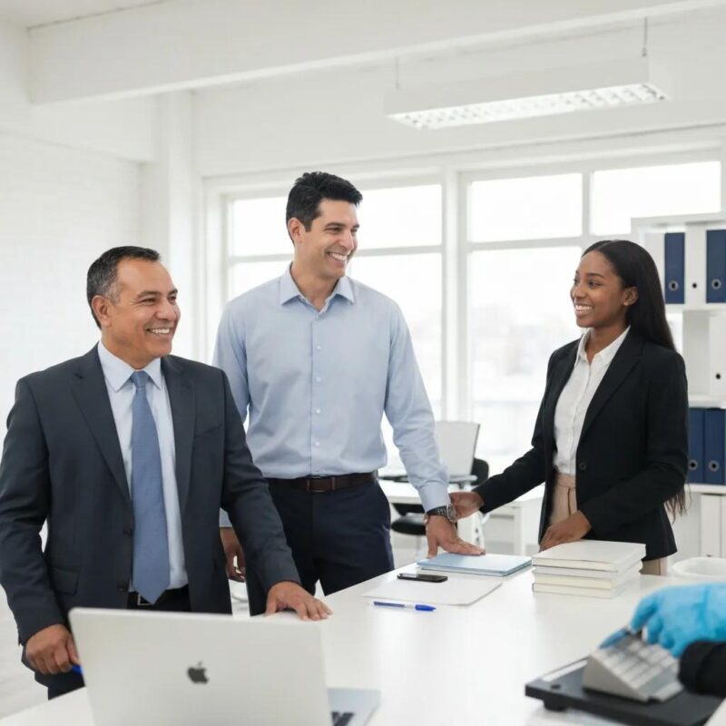 Diverse clients expressing satisfaction in a clean office, highlighting the value of commercial cleaning services